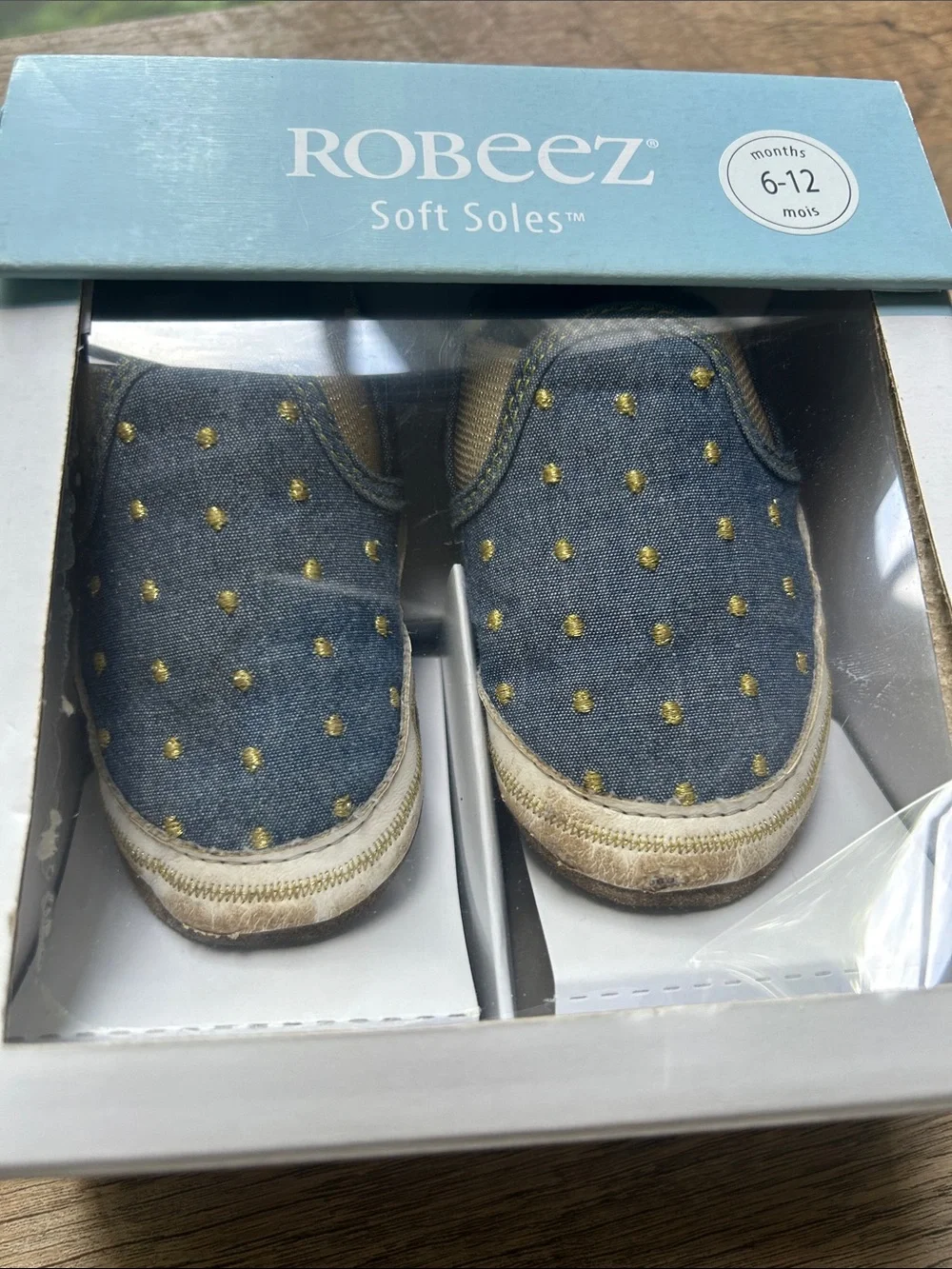 Robeez Blue Denim Slip-On Baby Shoes with Gold Dots